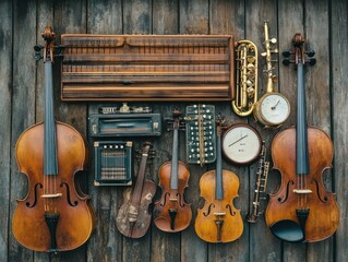 Naklejka premium Vintage string instruments on rustic wooden surface