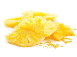 Sliced candied pineapple.  Clusters of golden yellow pineapple slices, slightly overlapping, with a sweet, sticky glaze.  Scattered fine crumbs of the same color around the slices