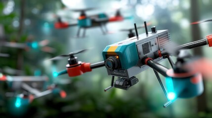 Aerial View of High-Tech Drones Flying Through Lush Green Rainforest in Soft Natural Light