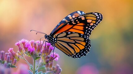 Fototapeta premium Monarch butterfly feeding on purple flower in soft sunlight.
