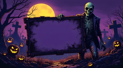 A spooky zombie in a graveyard under a full moon carries a large blank sign perfect for Halloween themed announcements or designs with glowing jack-o-lanterns illuminating the