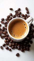 A close-up shot of a small white cup filled with hot espresso surrounded by coffee beans. The espresso is rich in color, suggesting a strong flavor, and the beans add texture