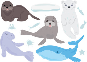 Sea mammals set. Cute smiling animals, otter, bear, seal, sirenia, whale. Fish, crab, star, sea urchin, ice. Vector hand drawn illustration. 