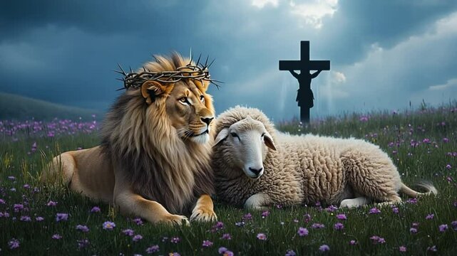 A lion wearing a crown of thorns lies beside a lamb in a field of flowers with a cross silhouetted behind. Concept of Christian symbolism, sacrifice, and divine peace.