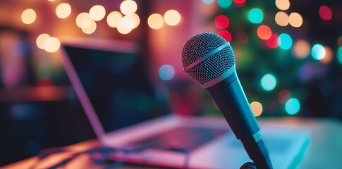 Home studio podcast interior. Microphone, laptop and on air lamp on the table, close-up