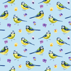 watercolor seamless pattern with blue tit birds and colorful pansy flowers, spring bird, floral pattern on background