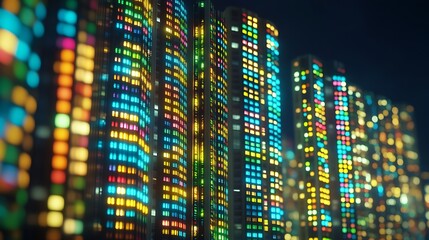 A futuristic cityscape at night, illuminated by colorful led lights.