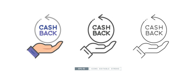 Cashback concept with arrow return on hand. Editable stroke, thin line and flat vector illustration.