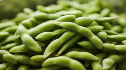 Fresh green edamame soybeans in pods healthy food vegan protein source macro close up nutritious snack