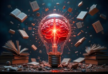 A glowing brain within a lightbulb radiates energy, surrounded by floating open books, symbolizing knowledge and creativity