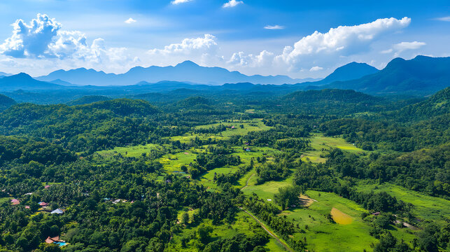 Aerial View of Lush Green Landscape with Mountains