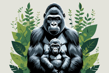 Obraz premium Gorilla mother holding her baby tenderly in a lush forest setting