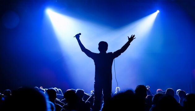Silhouette of a singer holding a microphone and reaching towards the stage