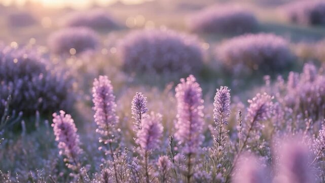 Detailed view of a forest ground adorned with blooming heather flowers and rime at dawn. Abstract natural botanical floral texture, pattern, and background. Macro videography, wide-angle perspective.