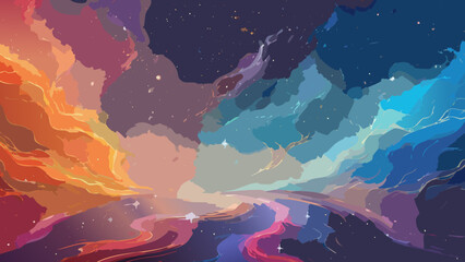Create a visually arresting abstract background with three complementary colors, emphasizing organic, flowing shapes that suggest a celestial nebula
