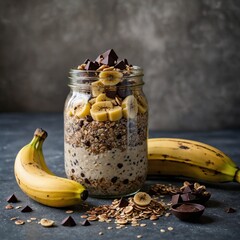 A jar of layered overnight oats sweetened with honey, chia seeds, almond butter, and topped with sliced banana and dark chocolate chips