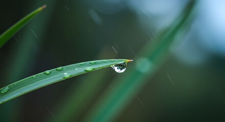 close-up of a water droplet on green leaf in nature with blurred background during rainy morning
