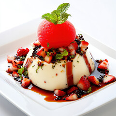 gourmet dessert featuring silky pudding topped with fresh strawberries, mint, and vibrant sorbet, creating delightful