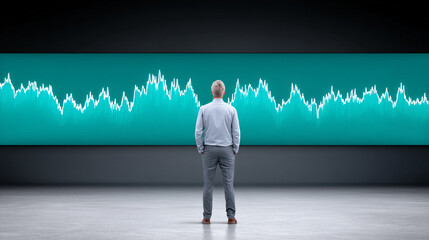 business professional stands before massive horizontal screen displaying fluctuating graph, symbolizing market trends or data analysis. scene conveys focus and analysis