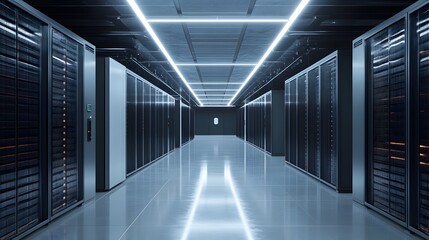 Illuminated data center showcasing rows of server racks in a clean, modern facility, emphasizing technology and efficient data management.