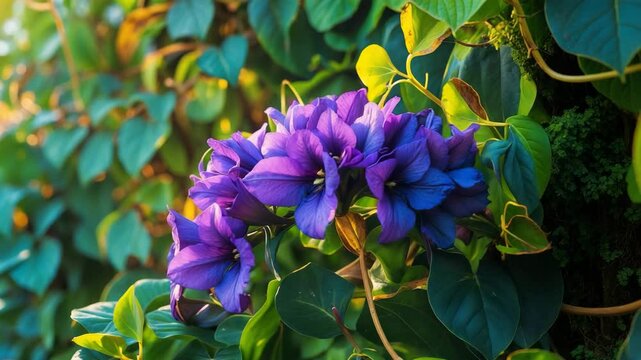 Vine featuring blooming purple blue flowers.