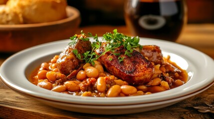 Fototapeta premium Hearty White Bean and Sausage Stew with Herbs in Rustic Setting