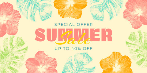 Summer sale banner with tropical hibiscus flowers and monstera leaves in colorful photocopy effect. Vintage retro promo design with bold typography and special offer. Perfect for seasonal promotions. © Katerina Gems
