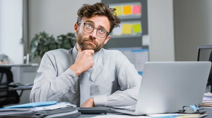 Man sits in office,looks confused or perplexed,office background,question mark,copy space.