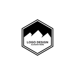 Black And White Mountain Logo Design In Hexagon Shape