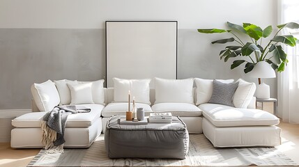 Beautiful Apartment, Sofa, Chair, Dining Table wall Mockup Interior design of modern living room