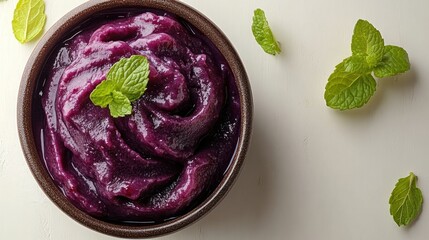 Obraz premium Vibrant purple puree in bowl with fresh mint