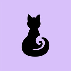 Curled Tail Cat Silhouette Vector on Pastel Background