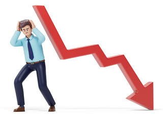 Man with a declining arrow, symbolizing loss or downturn in business. 3D rendering, conceptual image. Isolated on white background.