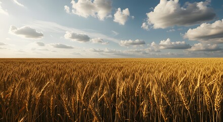 Naklejka premium golden wheat field under clear blue sky with scattered clouds