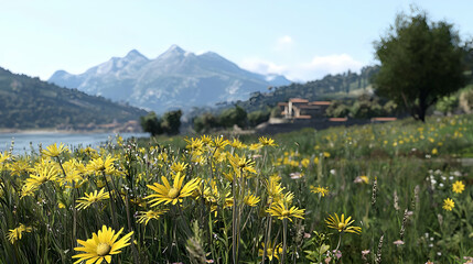 Yellow Flowers Field With Mountain Background