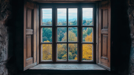 Fototapeta premium Forest window view scenery nature landscape green tree view window decor wallpaper