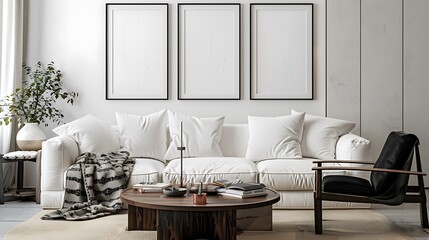 Beautiful Apartment, Sofa, Chair, Dining Table wall Mockup Interior design of modern living room