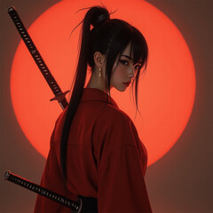 photo realistic samurai girl held katana red yukata background red circle red room