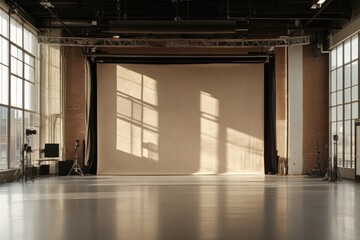 Fototapeta premium Empty photography studio with large windows. Sunlight casts shadows on backdrop