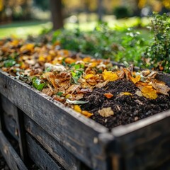 Obraz premium Wooden compost bin filled with autumn leaves and soil
