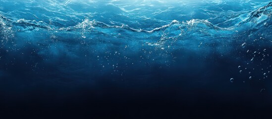 Ocean waves surface, underwater view, bubbles, deep blue