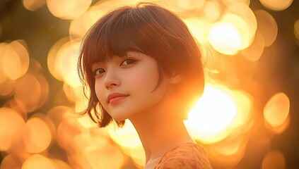 Fototapeta premium Portrait of an Asian girl with short hair, sunset in the background, bokeh effect,