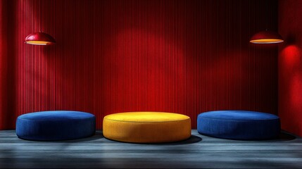 Vibrant red room with yellow and blue poufs