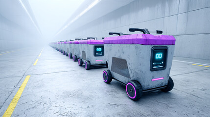 Naklejka premium Futuristic shopping carts with digital displays line up in sleek, modern corridor, showcasing advanced technology and innovation. scene is bright and minimalistic