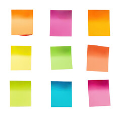 A comprehensive set of sticky notes laid out in a colorful array ideal for organization and creative thinking isolated on transparent background..