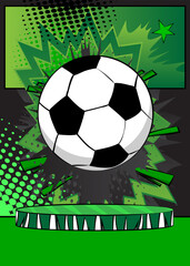 Comic Book Product podium stage for mockup presentation with Soccer Ball. Retro comics background.