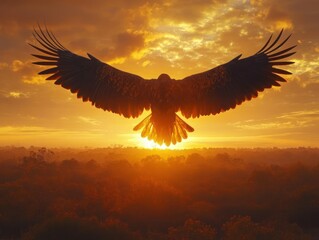 Majestic eagle soaring above golden sunrise