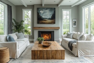 Fototapeta premium Modern farmhouse living room with abstract landscape paintings, soft gray walls, light blue accents, comfortable sofa chairs, oak coffee table, fireplace, plants, and natural sunlight.