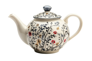 Obraz premium A charming floral teapot, perfect for a cozy afternoon tea, adorned with delicate hand-painted wildflowers and elegant grey stems on a creamy white background.