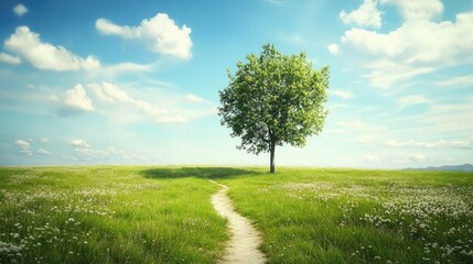 Fototapeta premium Lone Tree Standing in a Lush Meadow with Winding Pathway